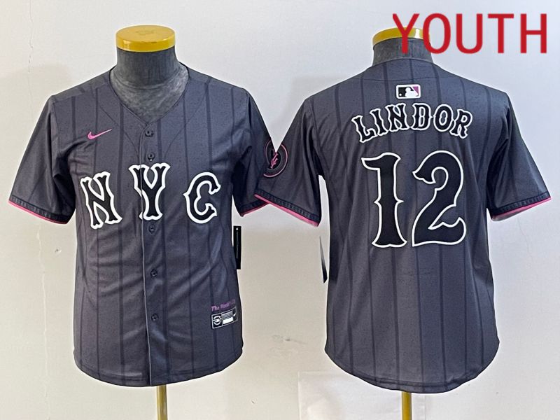 Youth New York Mets 12 Lindor Black City Edition 2024 Nike MLB Jersey style 2